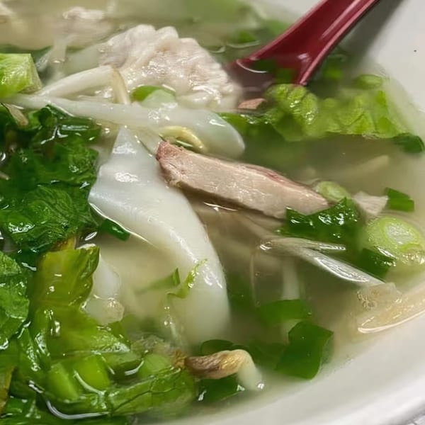 Close-up of a bowl of Vietnamese pho with noodles, meat, and green herbs.