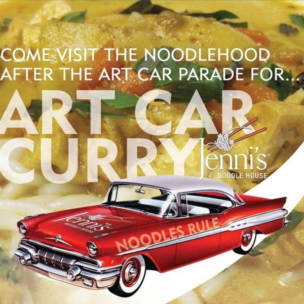 A red vintage car with "Jenni's Noodle House" and "Noodles Rule" text, over a curry dish.