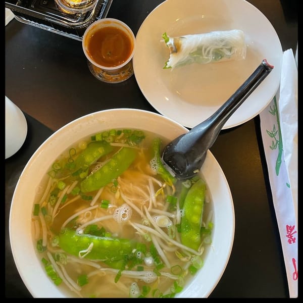 Vietnamese pho with snow peas and bean sprouts, a spring roll, and dipping sauce on a dark table.